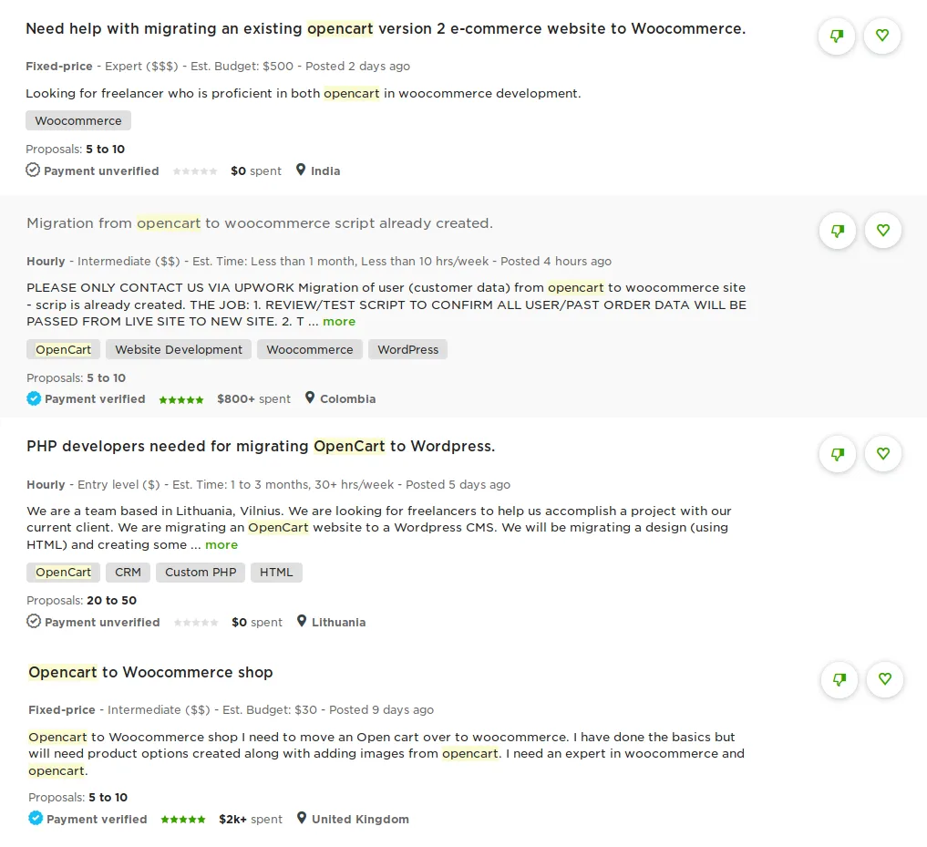 Upwork.com: Миграция с OpenCart на WooCommerce