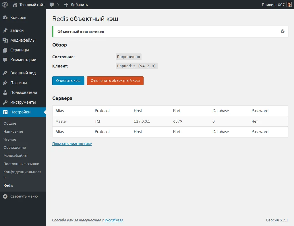 Окно настроек плагина Redis Object Cache