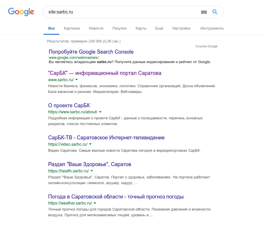 Все проиндексированные страницы сайта sarbc.ru